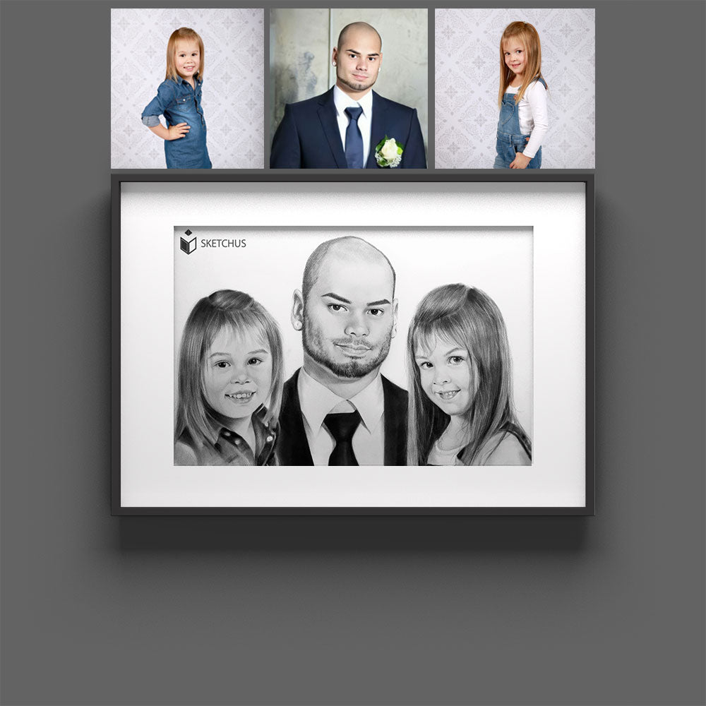 Familienportrait Bleistift Bilder zeichnen lassen Skizze malen Eltern Zeichnung Familienbild Gemälde Hochzeitsportrait Gruppenportrai Pärchen Portraits für Paare Sketchus